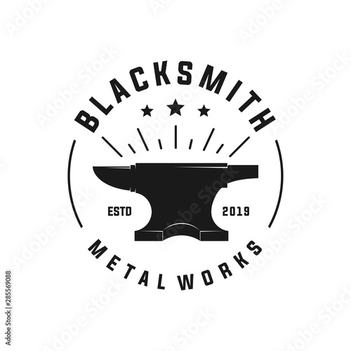 Blacksmith anvil badge vintage logo. Iron works, metal works retro hipster logo