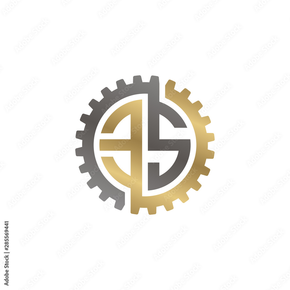 Initial letter E and S, ES, interlock cogwheel gear logo, black gold on white background Initial letter E and S, ES, interlock cogwheel gear logo, black gold on white background