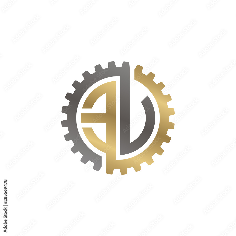 Initial letter E and V, E and U, EV, EU, interlock cogwheel gear logo, black gold on white background Initial letter E and V, E and U, EV, EU, interlock cogwheel gear logo, black gold on white background