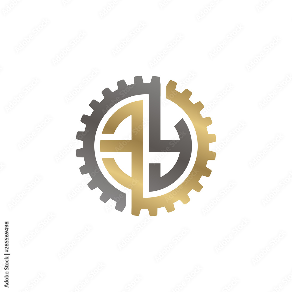 Initial letter E and Y, EY, interlock cogwheel gear logo, black gold on white background Initial letter E and Y, EY, interlock cogwheel gear logo, black gold on white background