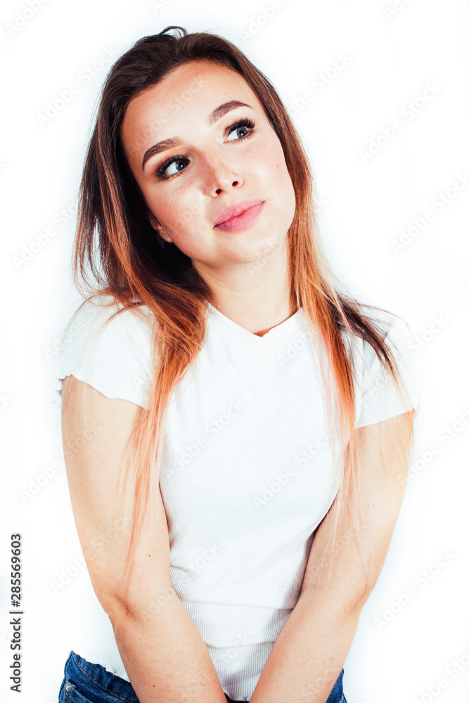 young pretty teenage hipster girl posing emotional happy smiling on white background, lifestyle people concept closeup young pretty teenage hipster girl posing emotional happy smiling on white background, lifestyle people concept closeup