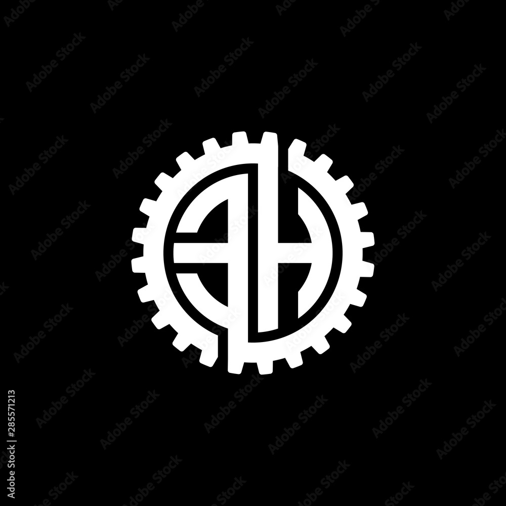 Initial letter E and H, EH, interlock cogwheel gear monogram logo, white color on black background Initial letter E and H, EH, interlock cogwheel gear monogram logo, white color on black background