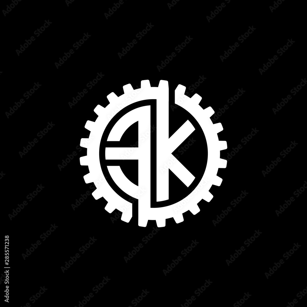 Initial letter E and K, EK, interlock cogwheel gear monogram logo, white color on black background Initial letter E and K, EK, interlock cogwheel gear monogram logo, white color on black background