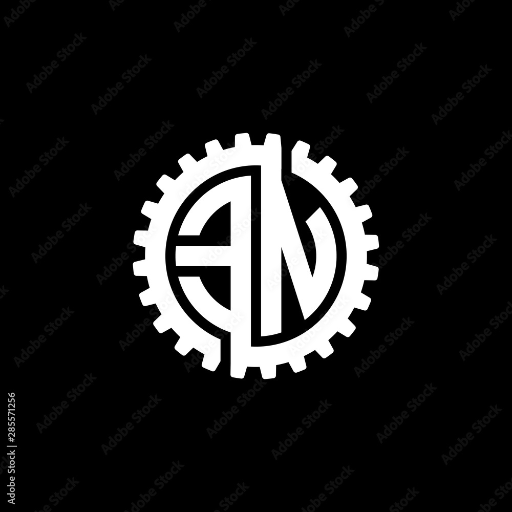 Initial letter E and N, EN, interlock cogwheel gear monogram logo, white color on black background Initial letter E and N, EN, interlock cogwheel gear monogram logo, white color on black background