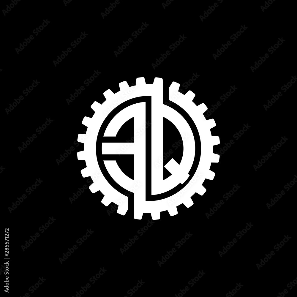 Initial letter E and Q, EQ, interlock cogwheel gear monogram logo, white color on black background Initial letter E and Q, EQ, interlock cogwheel gear monogram logo, white color on black background