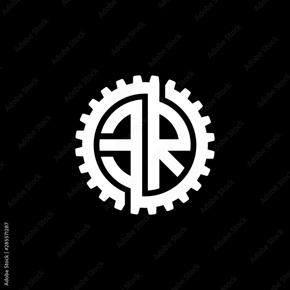 Initial letter E and R, ER, interlock cogwheel gear monogram logo, white color on black background Initial letter E and R, ER, interlock cogwheel gear monogram logo, white color on black background