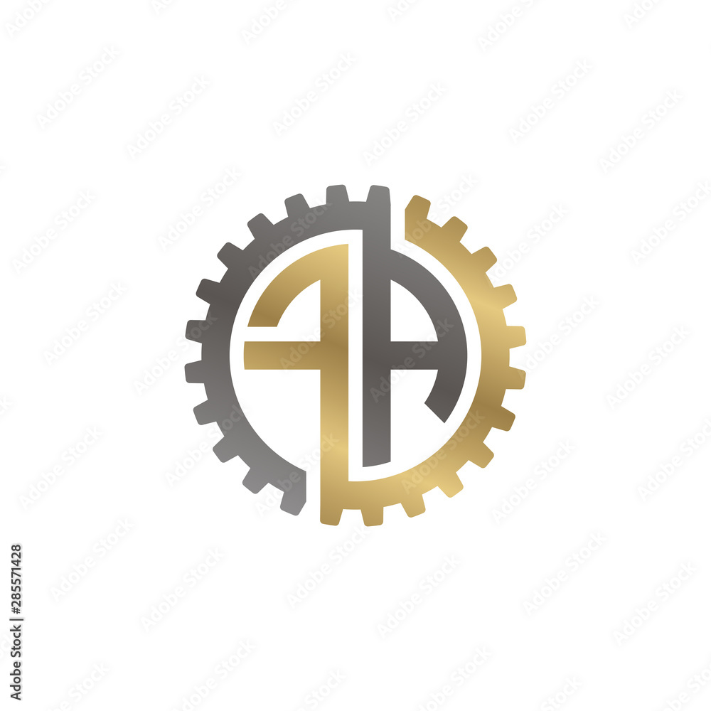 Initial letter F and A, FA, interlock cogwheel gear logo, black gold on white background Initial letter F and A, FA, interlock cogwheel gear logo, black gold on white background