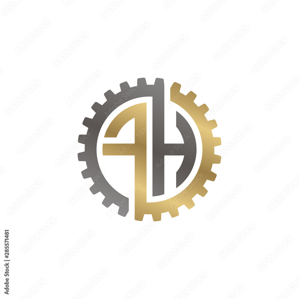Initial letter F and H, FH, interlock cogwheel gear logo, black gold on white background Initial letter F and H, FH, interlock cogwheel gear logo, black gold on white background