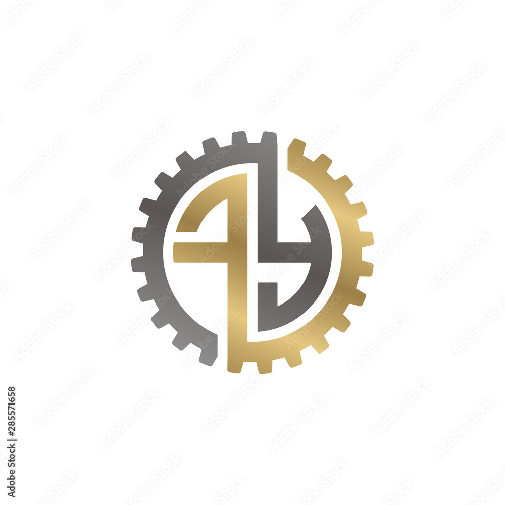 Initial letter F and Y, FY, interlock cogwheel gear logo, black gold on white background Initial letter F and Y, FY, interlock cogwheel gear logo, black gold on white background