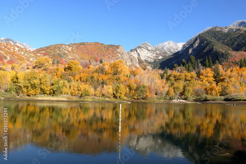 Snowcapped Wasatch range reflects in the waters of Bells Canyon Reservoir near Sandy, Utah