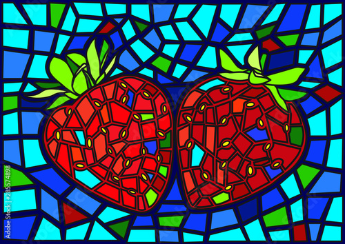 Strawberry red fruit moses Stained glass illustration vector and  Is a mosaic glass that is used to decorate a picture of a window door