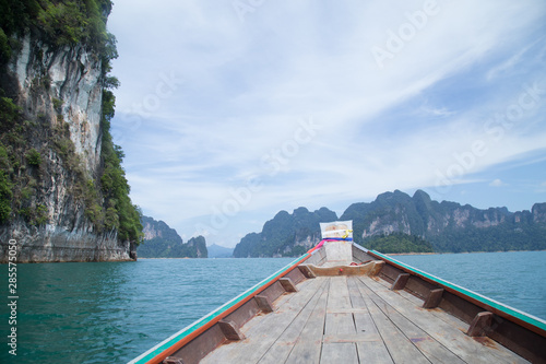mountains lake river sky and natural attractions in Ratchaprapha Dam at Khao Sok National Park, Surat Thani Province, Thailand. © Poramet