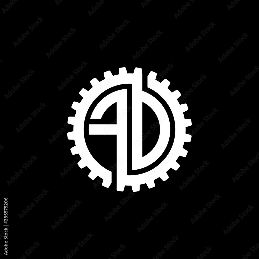 Initial letter F and D, F and O, FD, FO, interlock cogwheel gear monogram logo, white color on black background
