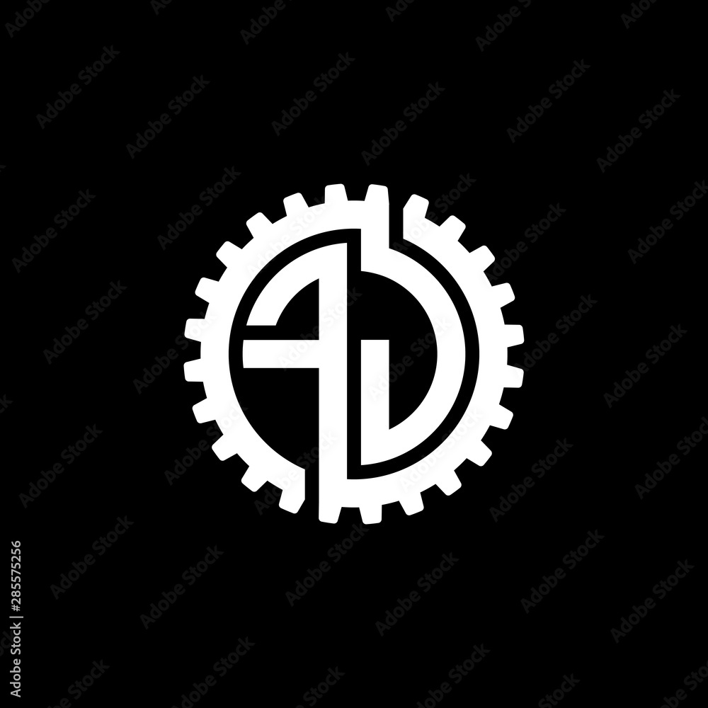 Initial letter F and J, FJ, interlock cogwheel gear monogram logo, white color on black background Initial letter F and J, FJ, interlock cogwheel gear monogram logo, white color on black background