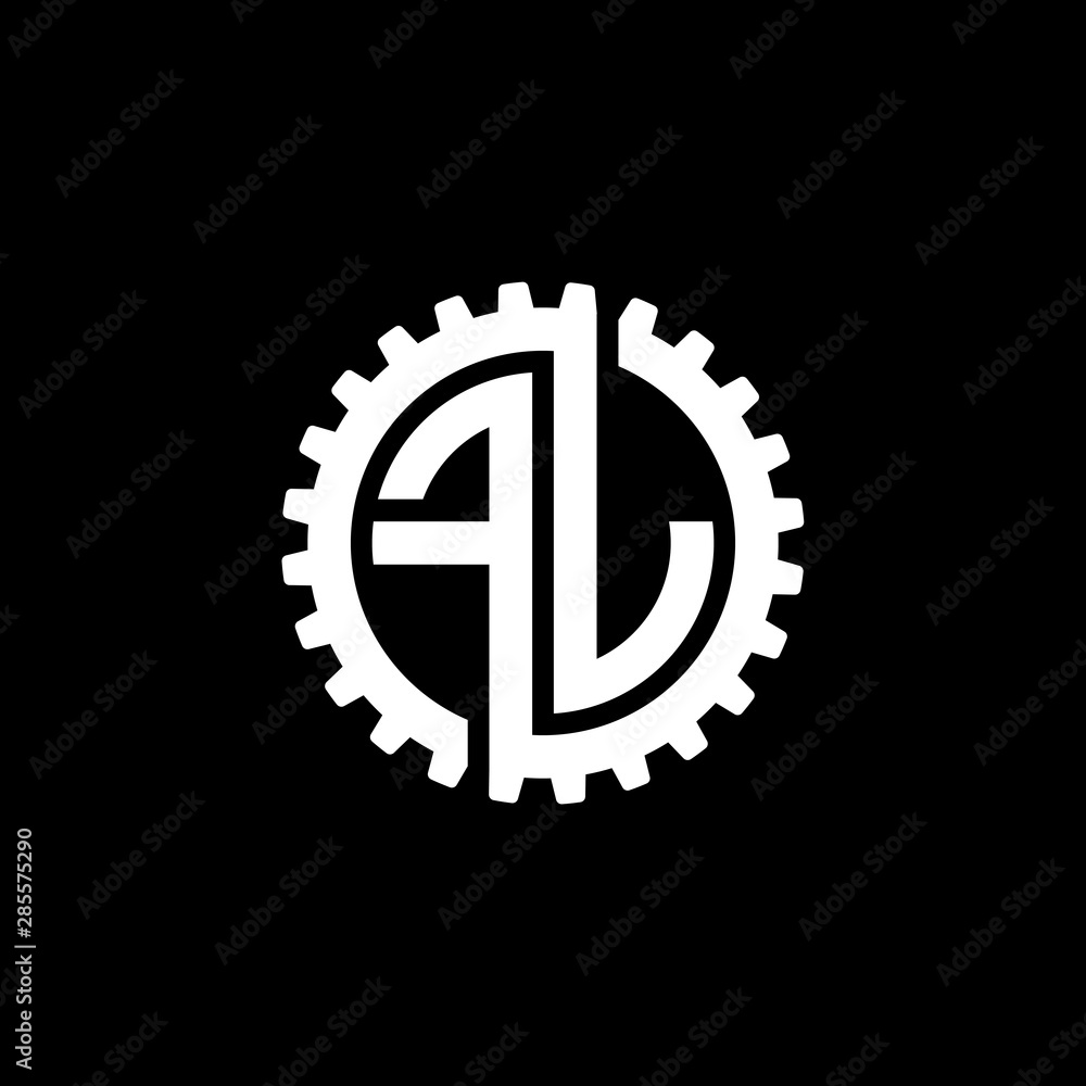 Initial letter F and L, FL, interlock cogwheel gear monogram logo, white color on black background Initial letter F and L, FL, interlock cogwheel gear monogram logo, white color on black background