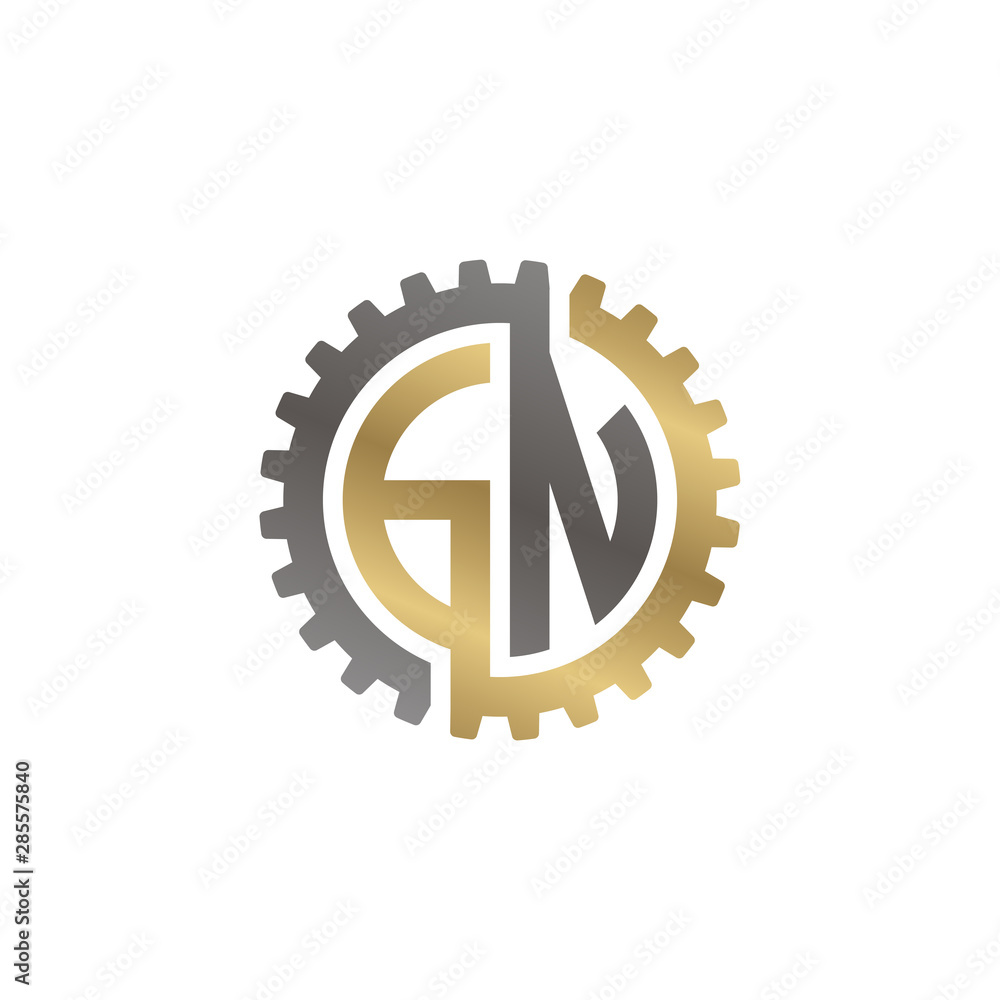 Initial letter G and N, GN, interlock cogwheel gear logo, black gold on white background Initial letter G and N, GN, interlock cogwheel gear logo, black gold on white background