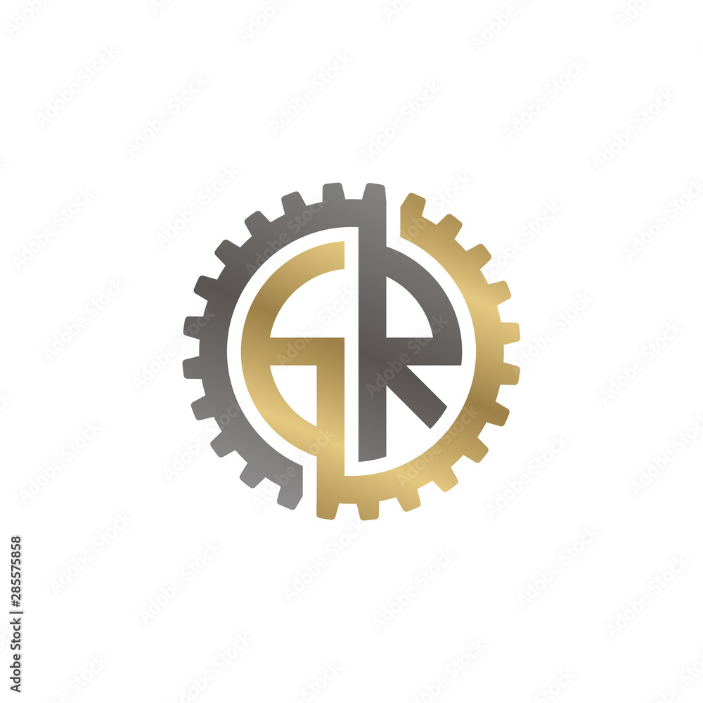 Initial letter G and R, GR, interlock cogwheel gear logo, black gold on white background Initial letter G and R, GR, interlock cogwheel gear logo, black gold on white background