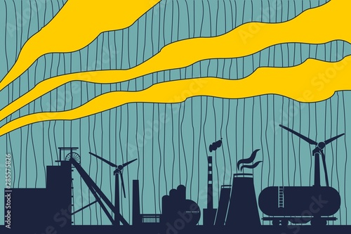 Concept of industrial plant and manufacture building. Energy generation and heavy industry. Brochure or cover design template. Abstract landscape