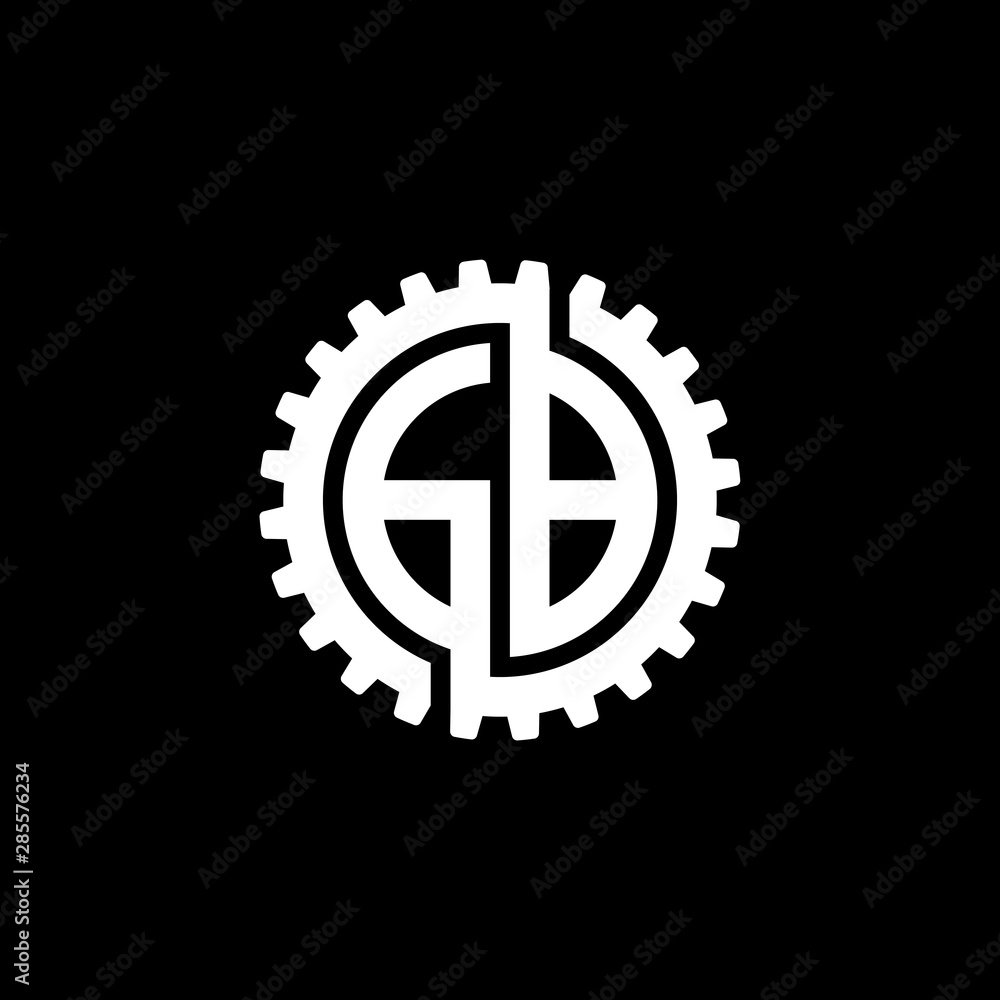 Fototapeta premium Initial letter G and B, GB, interlock cogwheel gear monogram logo, white color on black background