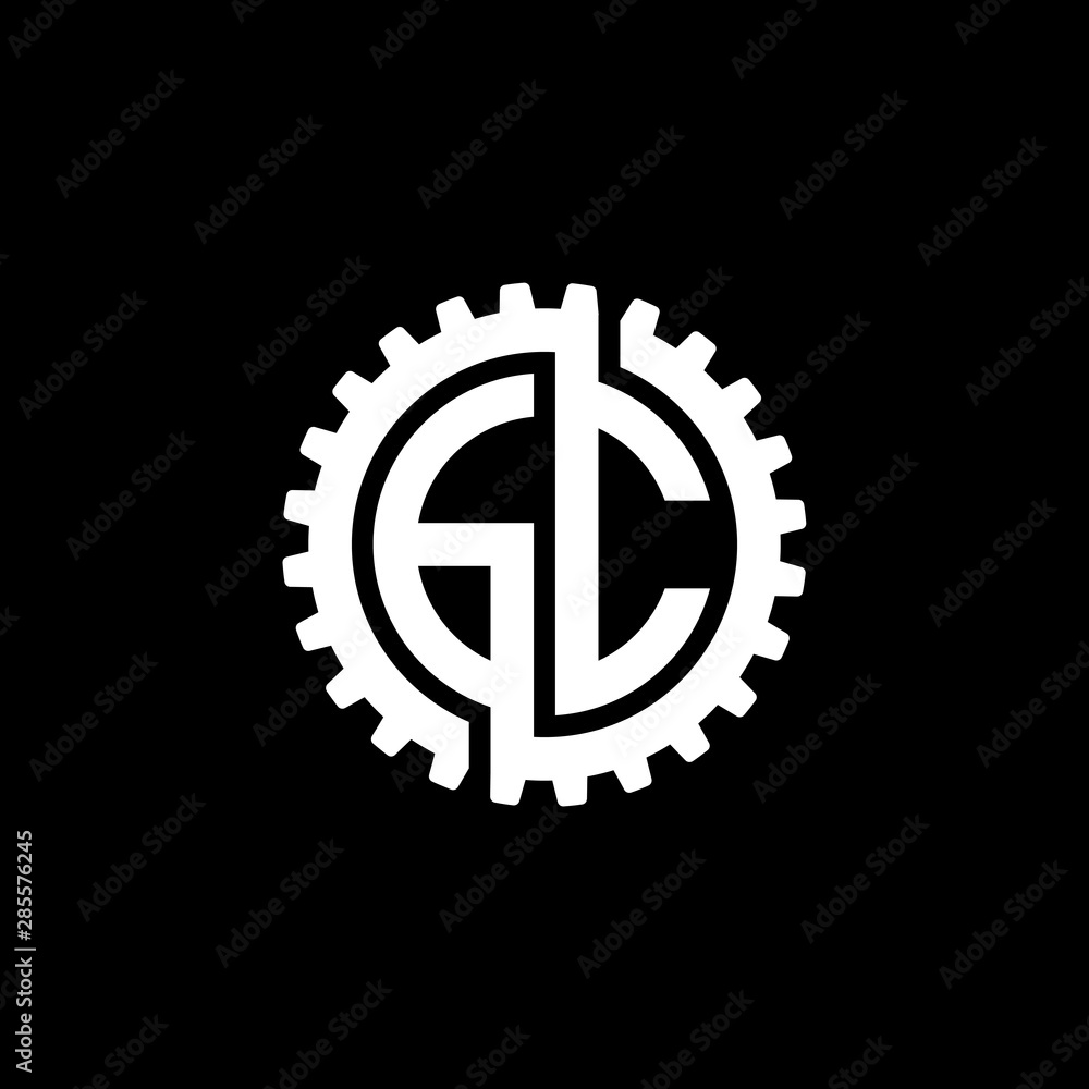Initial letter G and C, GC, interlock cogwheel gear monogram logo, white color on black background Initial letter G and C, GC, interlock cogwheel gear monogram logo, white color on black background