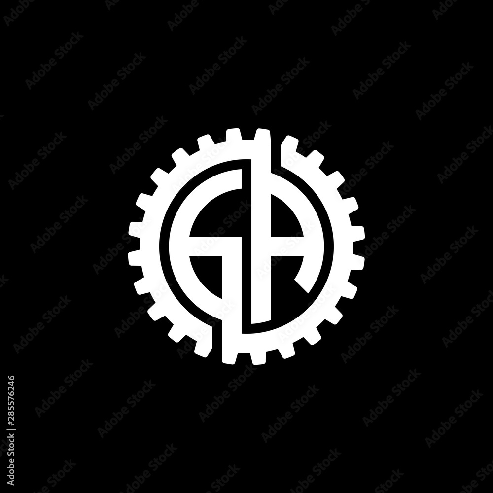 Fototapeta premium Initial letter G and A, GA, interlock cogwheel gear monogram logo, white color on black background