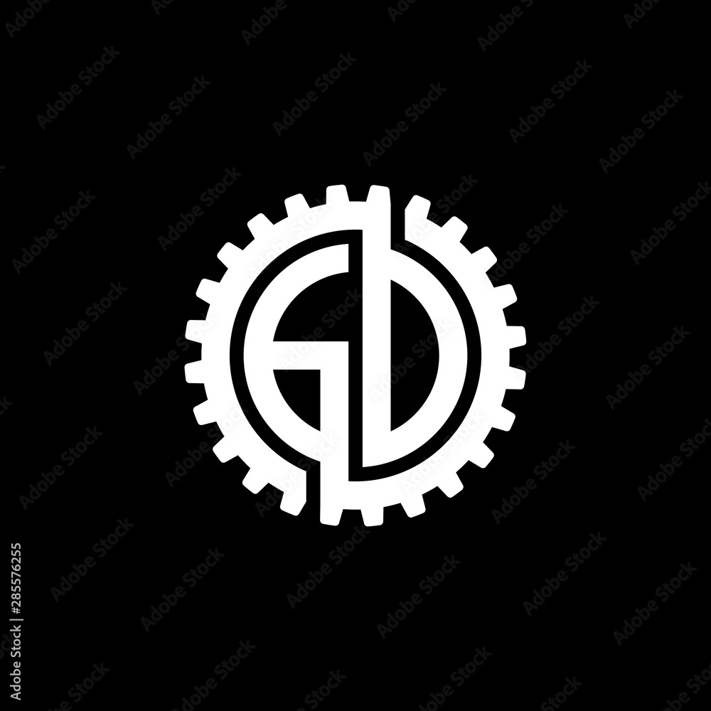 Initial letter G and D, G and O, GD, GO, interlock cogwheel gear monogram logo, white color on black background Initial letter G and D, G and O, GD, GO, interlock cogwheel gear monogram logo, white color on black background
