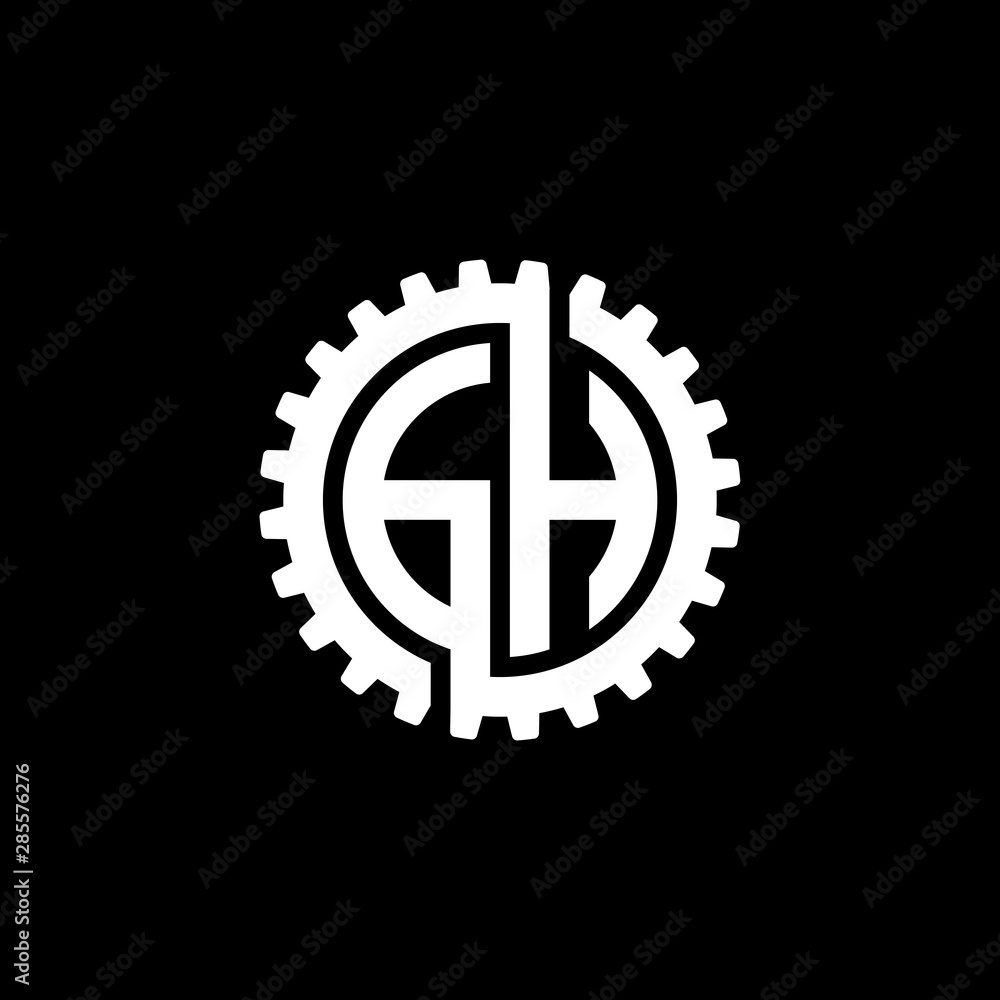 Initial letter G and H, GH, interlock cogwheel gear monogram logo, white color on black background Initial letter G and H, GH, interlock cogwheel gear monogram logo, white color on black background