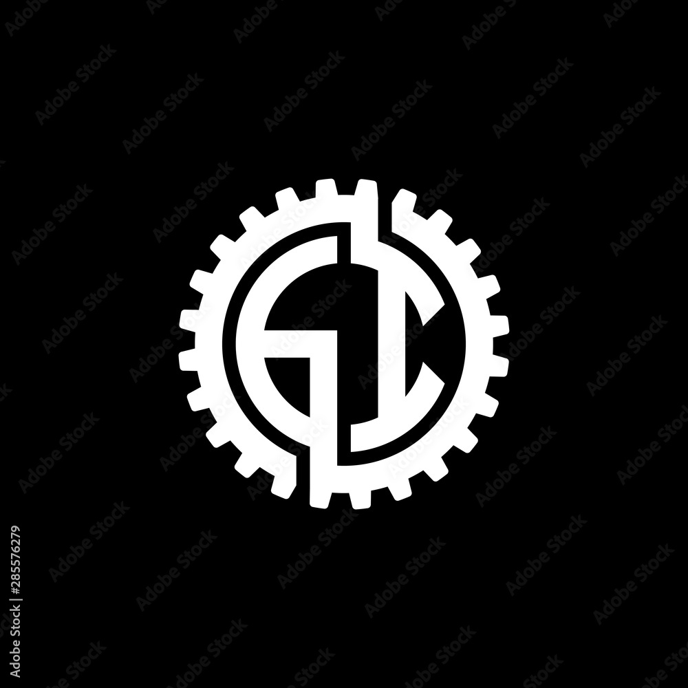 Initial letter G and I, GI, interlock cogwheel gear monogram logo, white color on black background Initial letter G and I, GI, interlock cogwheel gear monogram logo, white color on black background
