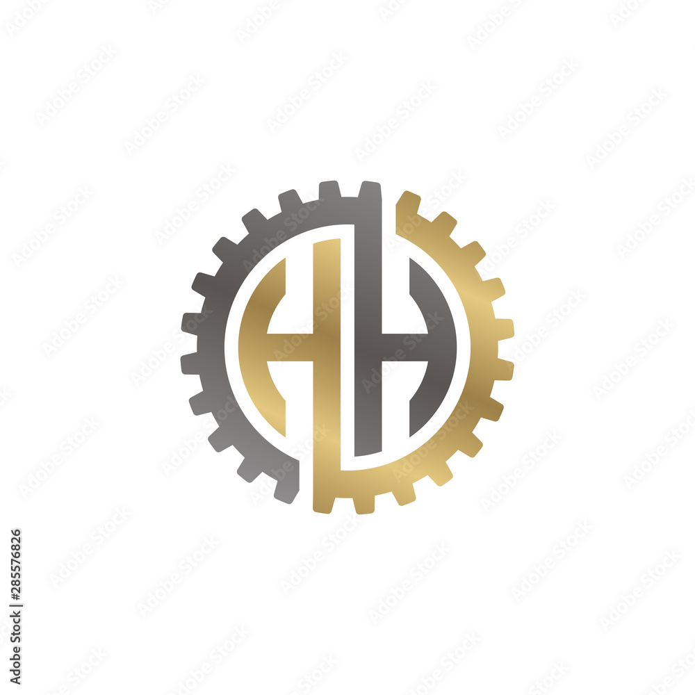 Initial letter H and H, HH, interlock cogwheel gear logo, black gold on white background Initial letter H and H, HH, interlock cogwheel gear logo, black gold on white background