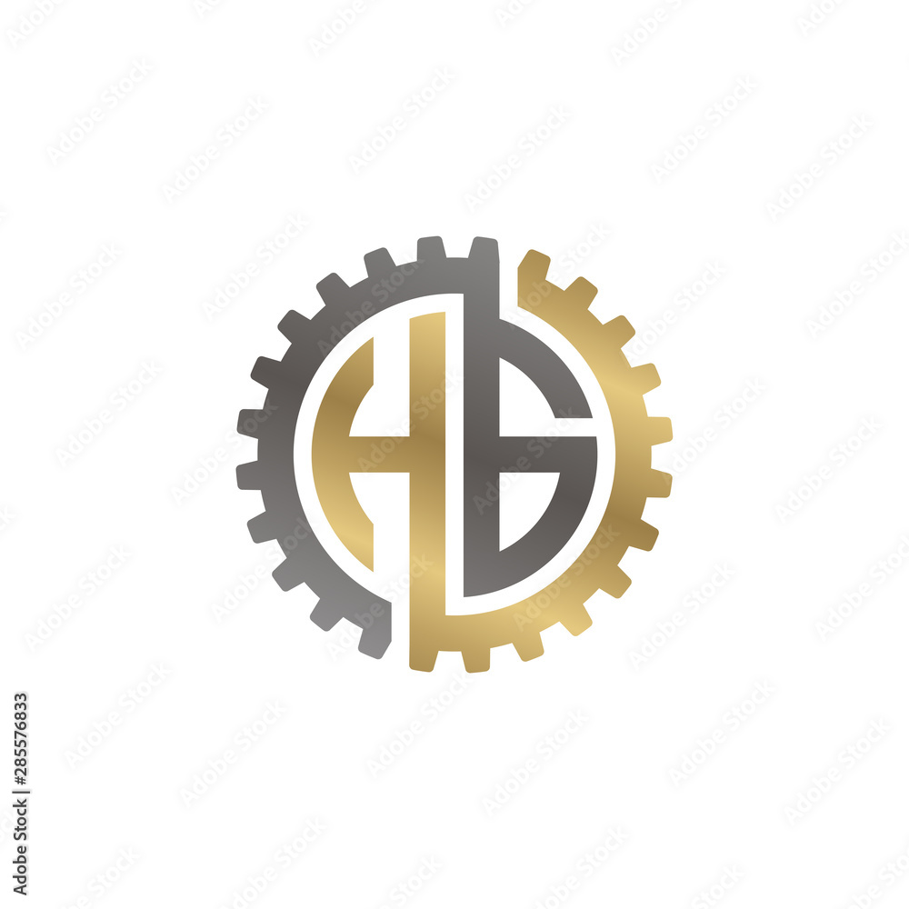 Initial letter H and G, HG, interlock cogwheel gear logo, black gold on white background Initial letter H and G, HG, interlock cogwheel gear logo, black gold on white background