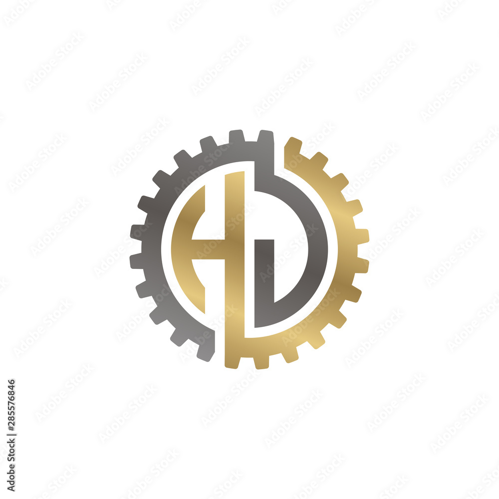 Initial letter H and J, HJ, interlock cogwheel gear logo, black gold on white background Initial letter H and J, HJ, interlock cogwheel gear logo, black gold on white background