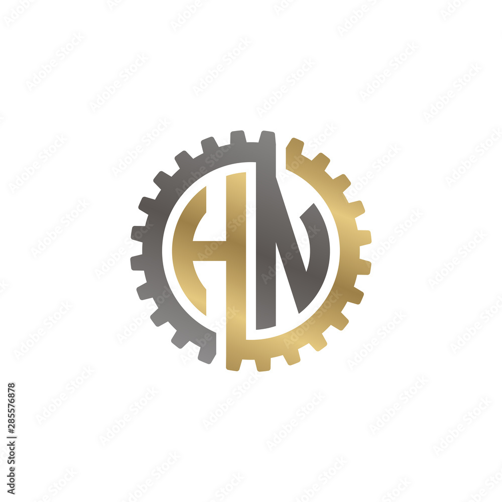 Initial letter H and N, HN, interlock cogwheel gear logo, black gold on white background Initial letter H and N, HN, interlock cogwheel gear logo, black gold on white background