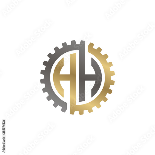 Initial letter H and H, HH, interlock cogwheel gear logo, black gold on white background