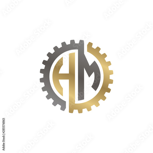 Initial letter H and M, HM, interlock cogwheel gear logo, black gold on white background