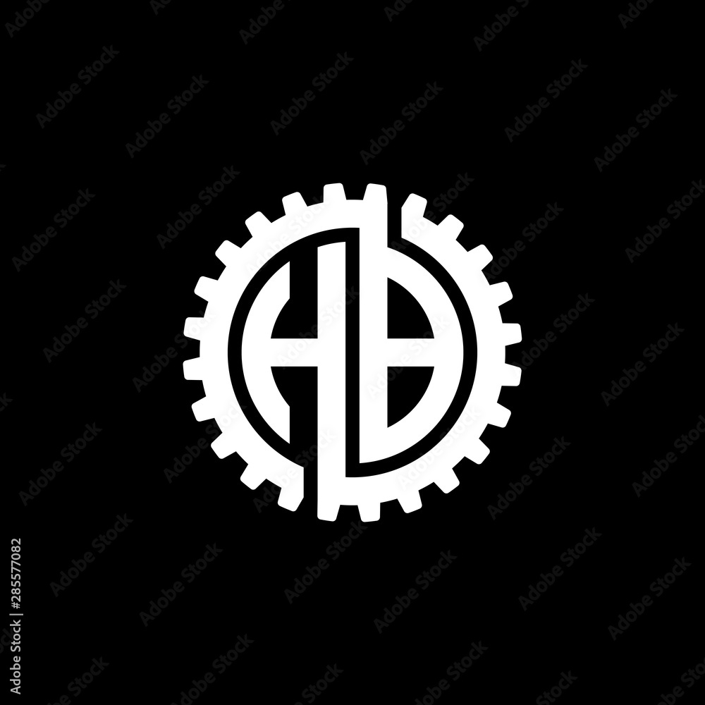 Initial letter H and B, HB, interlock cogwheel gear monogram logo, white color on black background Initial letter H and B, HB, interlock cogwheel gear monogram logo, white color on black background