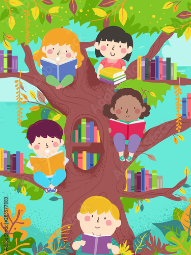 Kids Read Tree Library Illu...