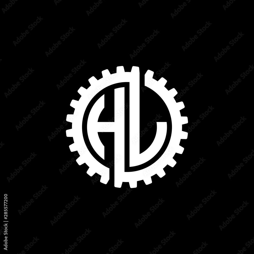 Initial letter H and L, HL, interlock cogwheel gear monogram logo, white color on black background Initial letter H and L, HL, interlock cogwheel gear monogram logo, white color on black background