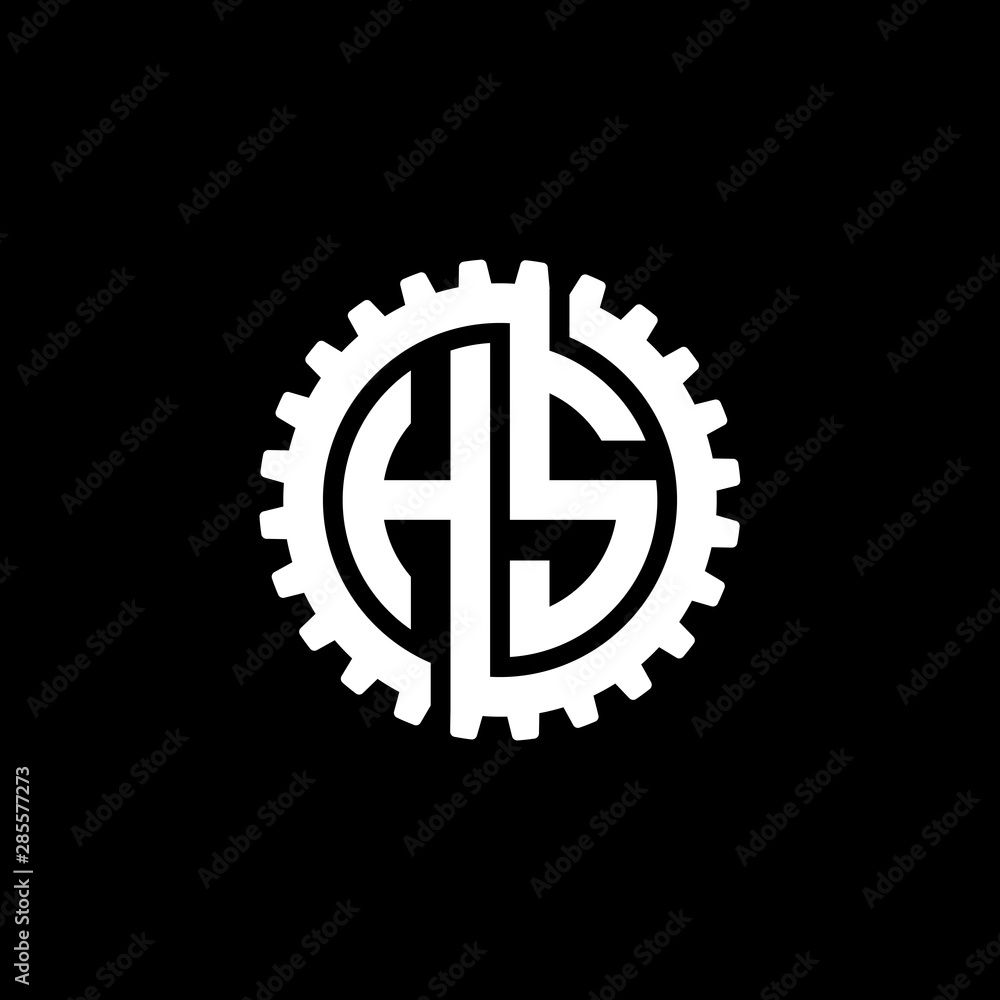 Initial letter H and S, HS, interlock cogwheel gear monogram logo, white color on black background Initial letter H and S, HS, interlock cogwheel gear monogram logo, white color on black background