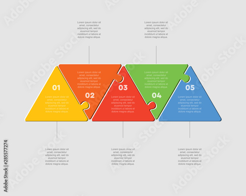 Five pieces puzzle triangle line info graphic.
