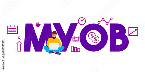 MYOB mind your own business. Accounting software. llustration of text and people around. photo