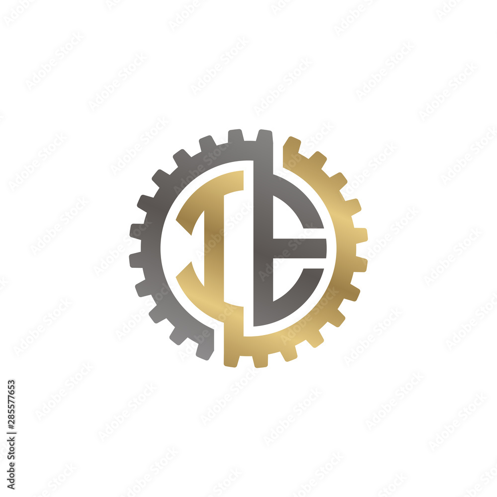 Initial letter I and E, IE, interlock cogwheel gear logo, black gold on white background Initial letter I and E, IE, interlock cogwheel gear logo, black gold on white background