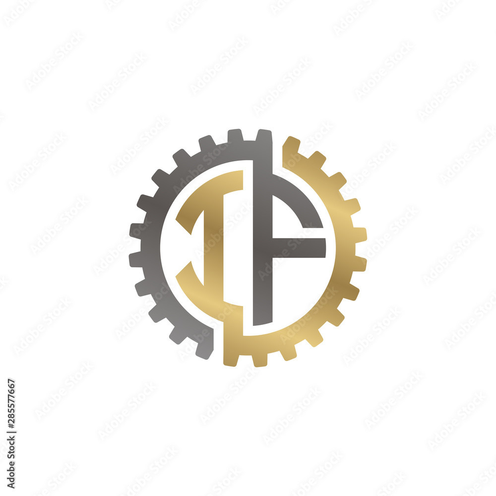 Initial letter I and F, IF, interlock cogwheel gear logo, black gold on white background Initial letter I and F, IF, interlock cogwheel gear logo, black gold on white background
