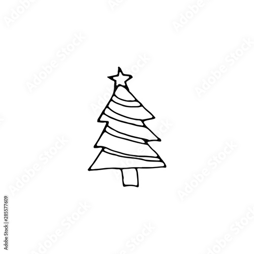Single New Year and Christmas tree hand-drawn with star. Doodle Xmas illustration for posters, stickers, winter cards design. Isolate, EPS8 vector