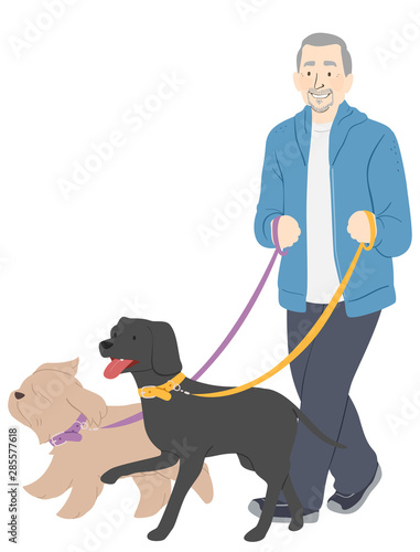 Senior Man Dogs Walk Illust...