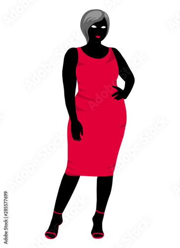 Silhouette of plump woman in a red dress. Vector illustration.