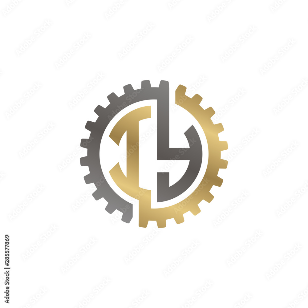 Initial letter I and Y, IY, interlock cogwheel gear logo, black gold on white background Initial letter I and Y, IY, interlock cogwheel gear logo, black gold on white background