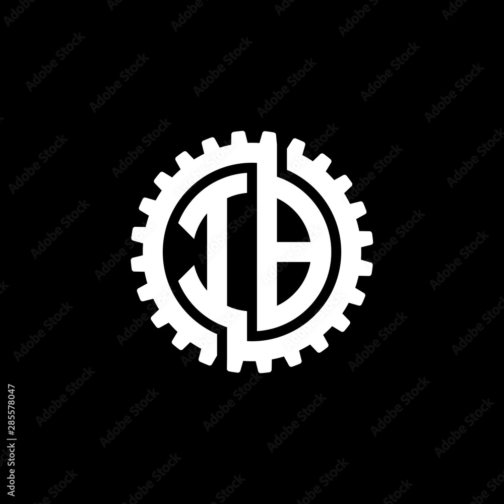 Initial letter I and B, IB, interlock cogwheel gear monogram logo, white color on black background Initial letter I and B, IB, interlock cogwheel gear monogram logo, white color on black background
