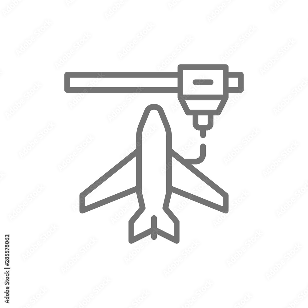 3d printing a toy airplane model, industrial printer line icon. 3d printing a toy airplane model, industrial printer line icon.