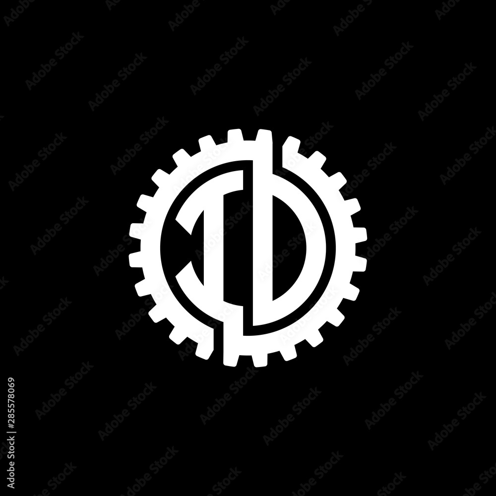 Initial letter I and D, I and O, ID, IO, interlock cogwheel gear monogram logo, white color on black background Initial letter I and D, I and O, ID, IO, interlock cogwheel gear monogram logo, white color on black background