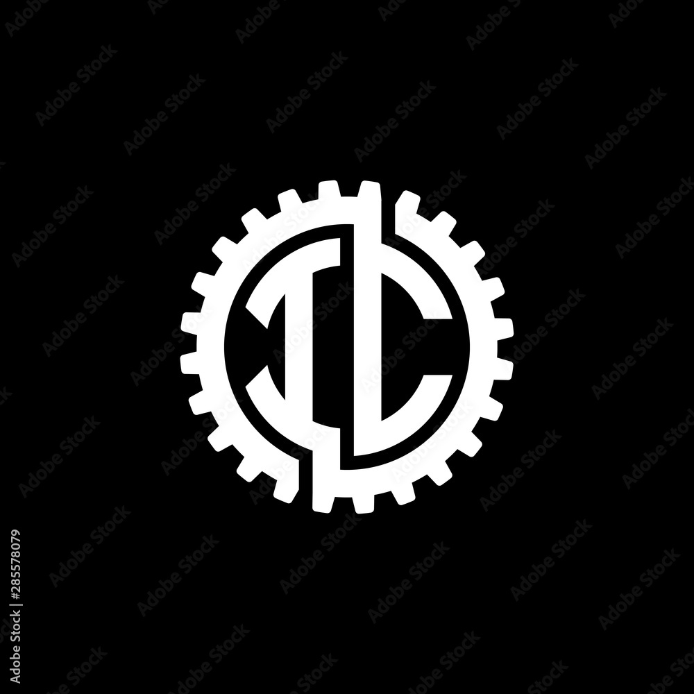Initial letter I and C, IC, interlock cogwheel gear monogram logo, white color on black background Initial letter I and C, IC, interlock cogwheel gear monogram logo, white color on black background